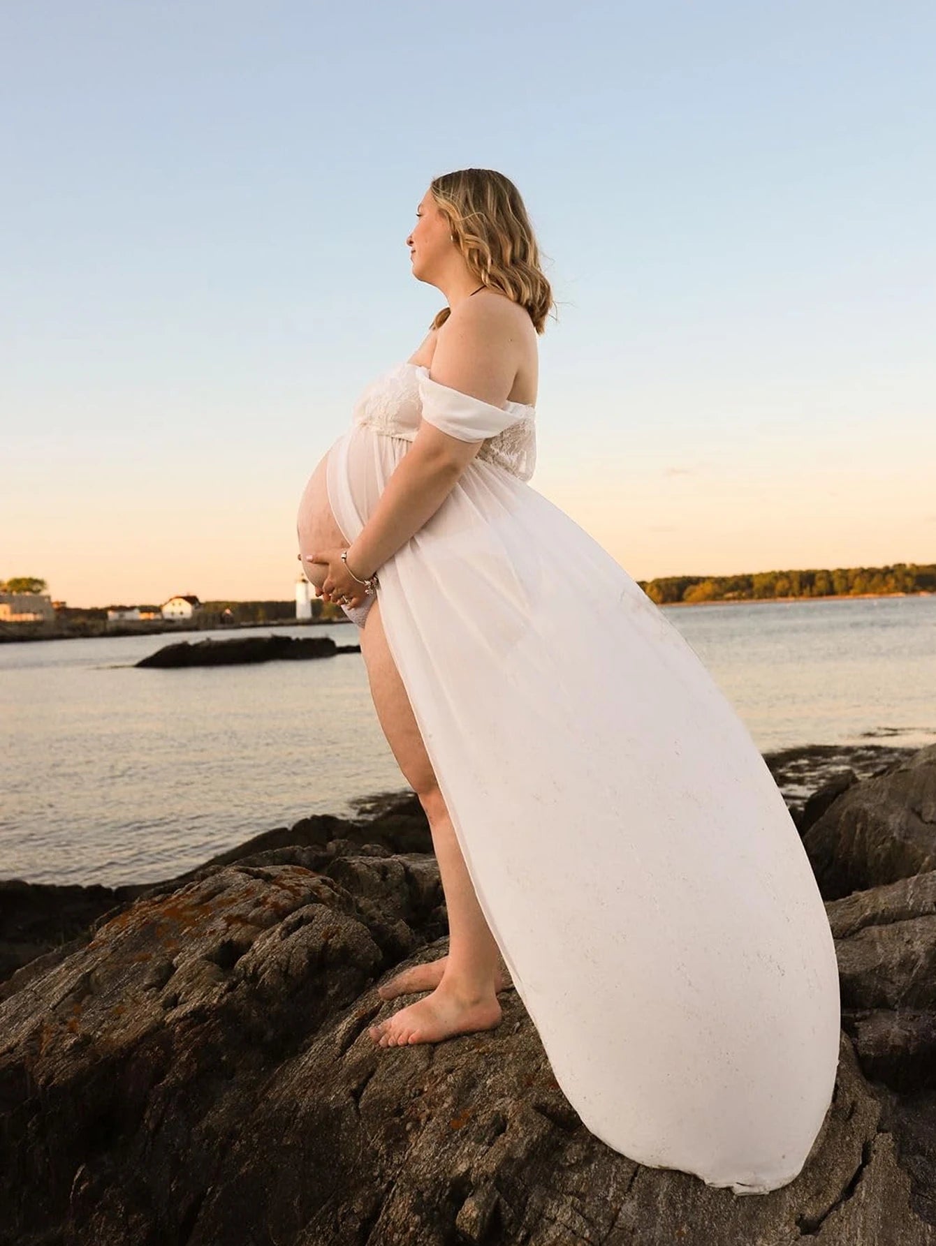 Maternity Lace Dress Sexy Gown Off Shoulder Long Pregnancy Dress Photo Shooting Women Fancy Clothing Slit Dress for Photoshoot