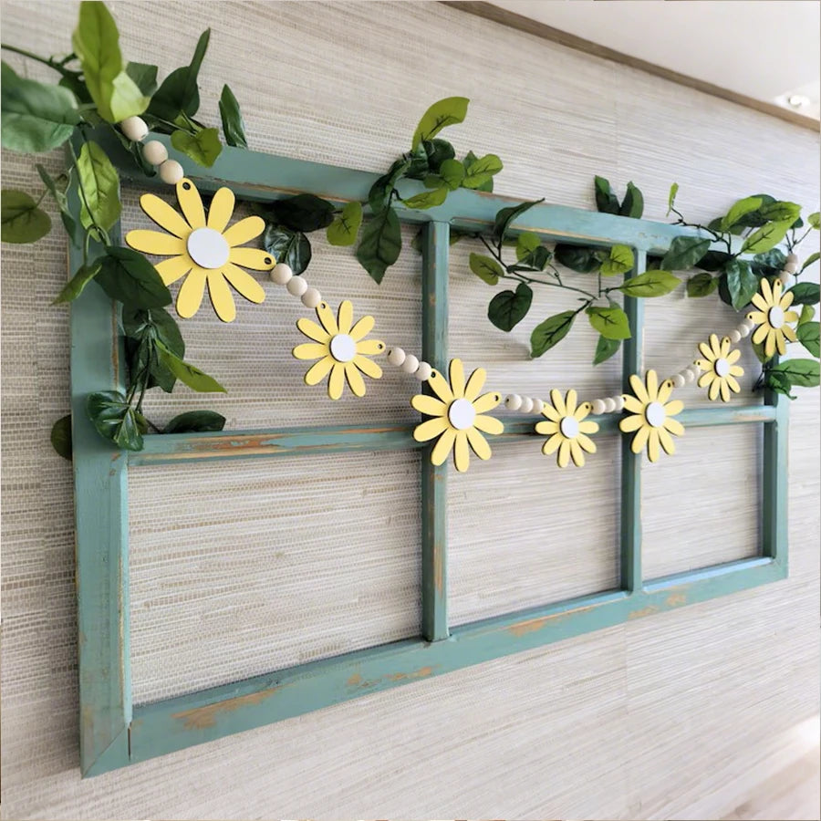 Ins Nordic Style Yellow Wooden Daisy Wreath, Spring Vibe Home Decor Wall Hanging, Wedding Decoration Garland, Four Seasons Room Wall Decoration Garland, Tent Curtain, Festival Event Wall Hanging Decoration