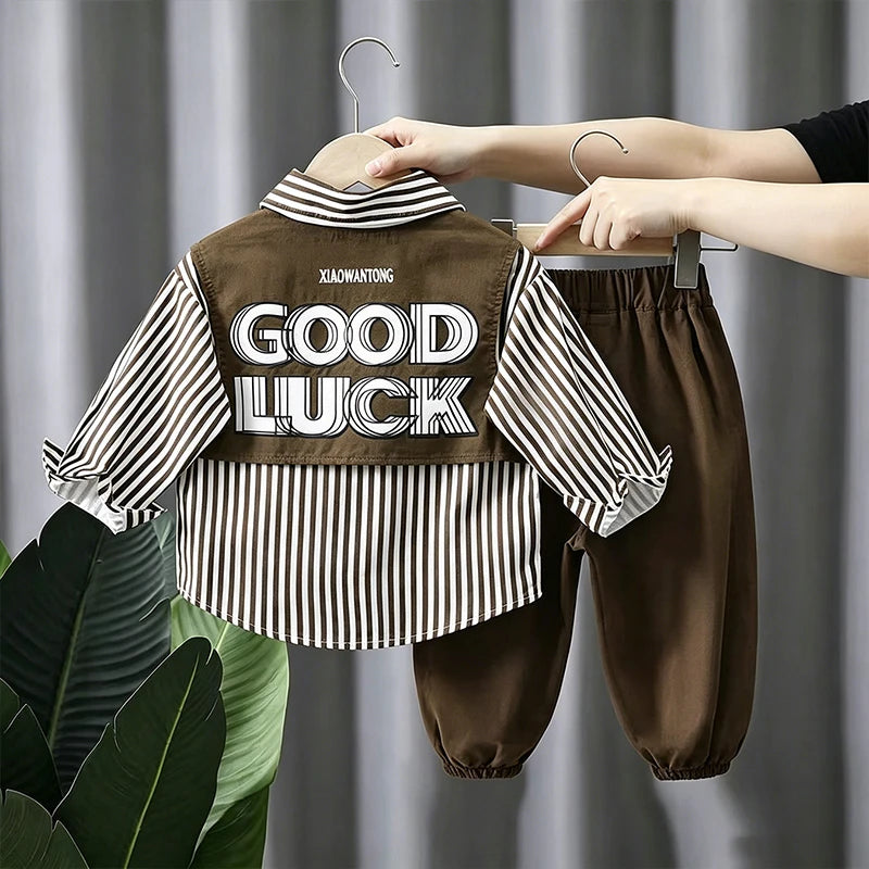 New Spring Autumn Boys Clothing Sets Long Sleeve Striped Letter Label Shirt + Pants 2Pcs Suit For 2-8 Years Kids Casual Outfits