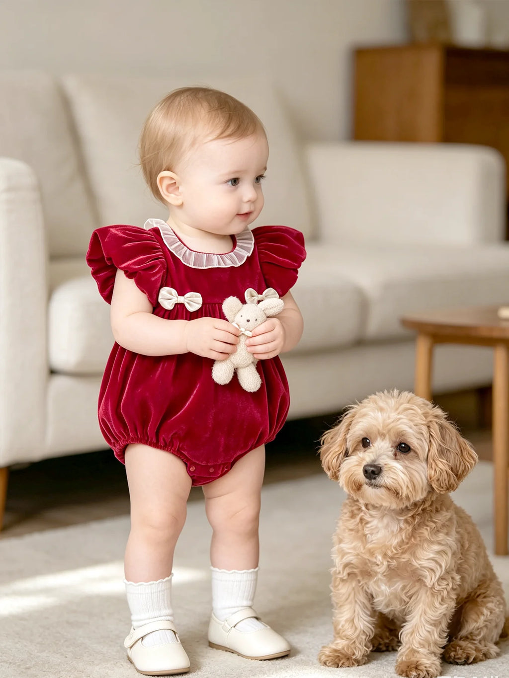 Baby-Fitting Ruffle-Collar, Cap-Sleeve, Bow-Tie Burgundy Baby Girl Onesie—Cute Spring/Summer Outfit for Newborns