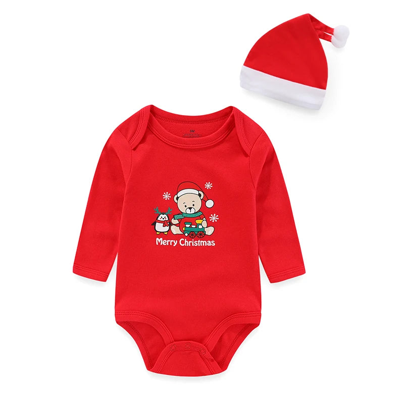 Fashion My First Christmas Newborn Long Sleeve Baby Boy Girl Bodysuits+Hats infant Outfit Gifts Babe Jumpsuits Rompers