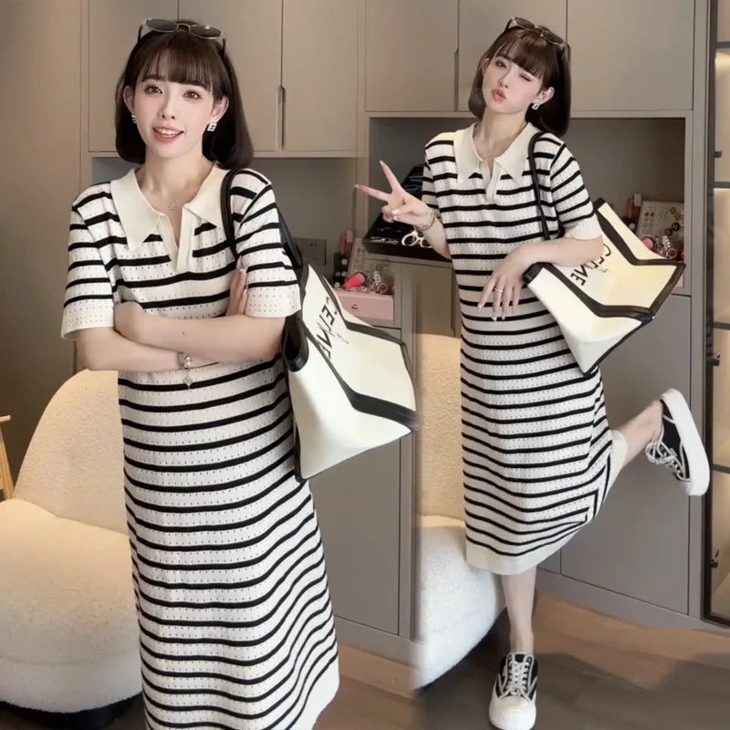 Summer Postpartum Woman Breastfeeding Dresses Short Sleeve Turn-down Collar Hollow Out Striped Maternity Straight Nursing Dress