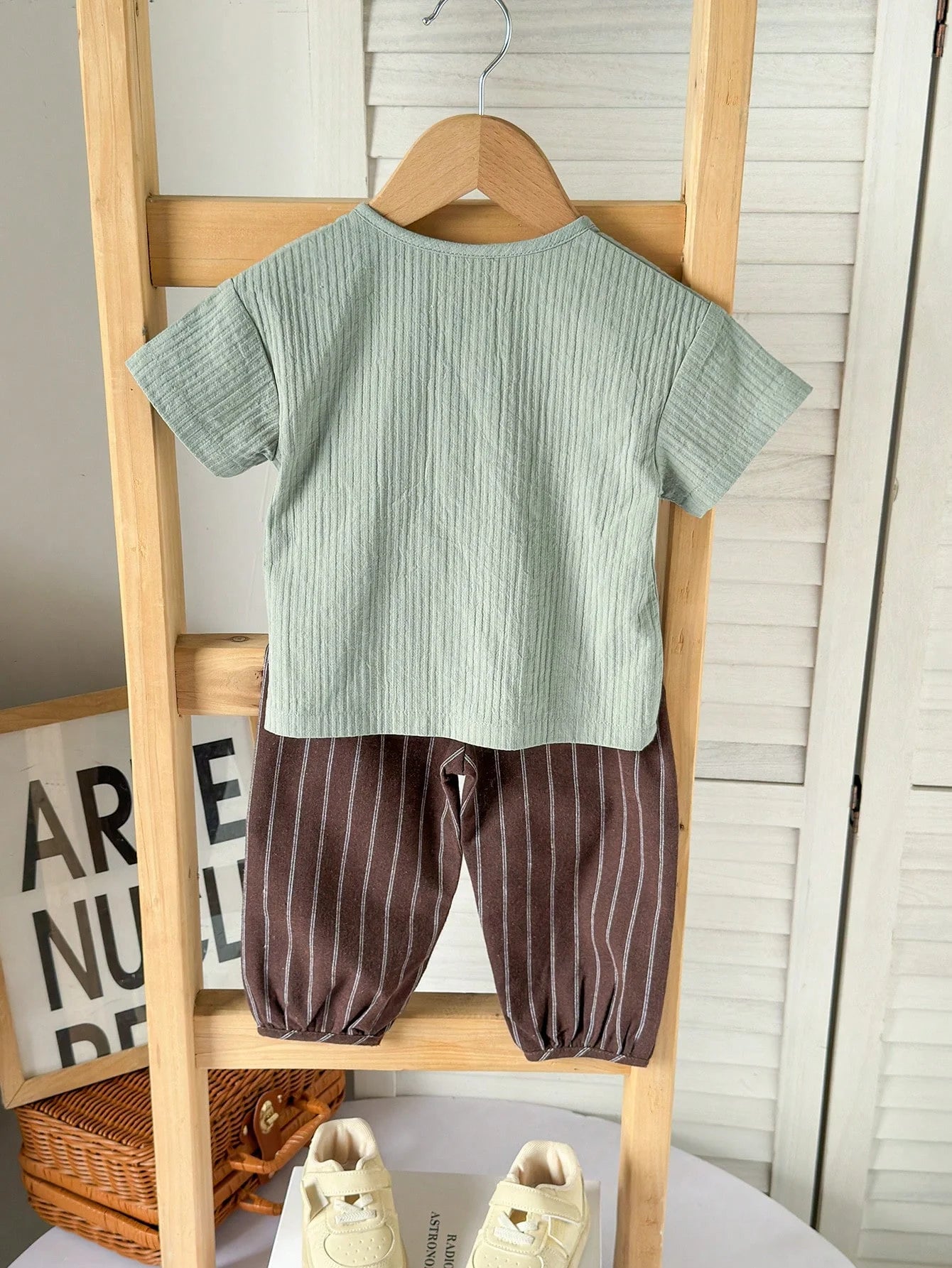 0-3 Year old Baby boy Summer Outfit Comfortable Solid Color Button Top+Striped Pants 2-piece Set Baby boy Summer Casual Suit