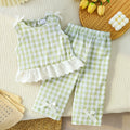 2pcs Summer Baby Girls Green Gingham Lace Trim Set, Cute Bow Top + Pants, Sweet Style, Daily/Outdoor Wear, 0-2Y, Breathable Fabr