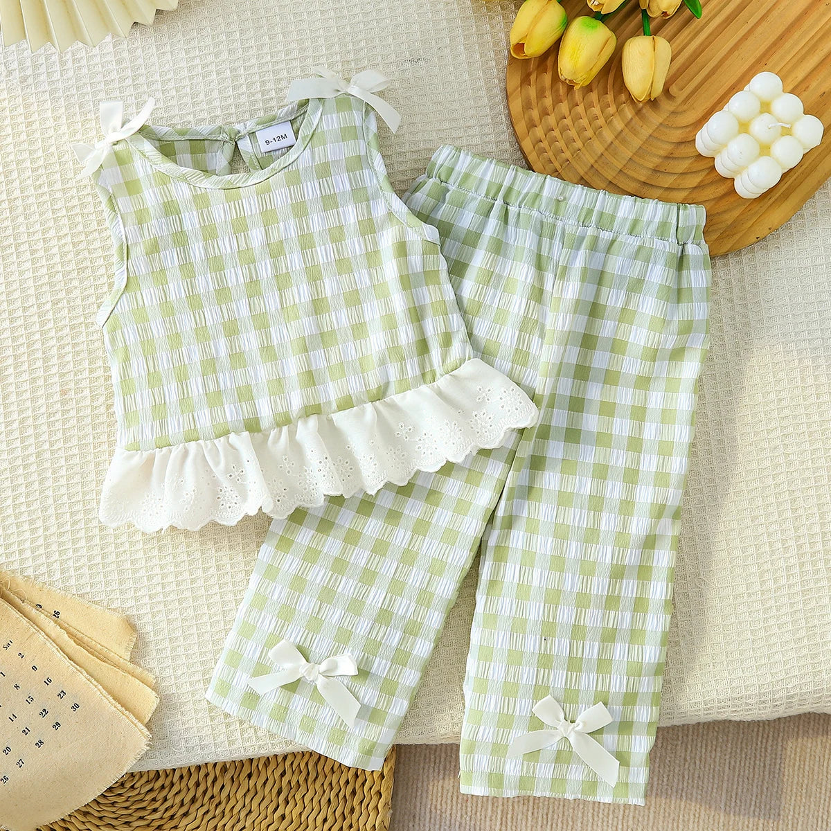 2pcs Summer Baby Girls Green Gingham Lace Trim Set, Cute Bow Top + Pants, Sweet Style, Daily/Outdoor Wear, 0-2Y, Breathable Fabr