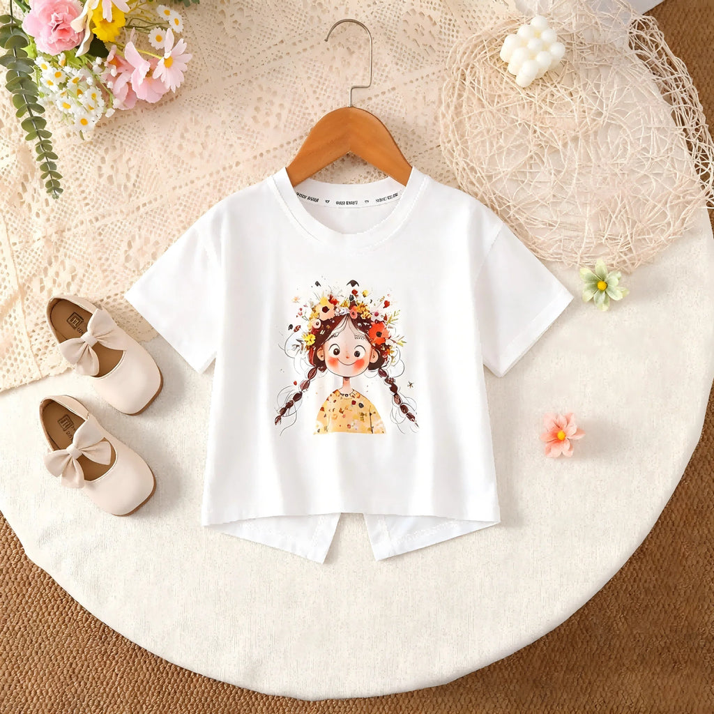 Children's Girls' Tops with Round neck, Cartoon Little girl Short sleeves, suitable for 1-7 Years old Girls' Casual Sets