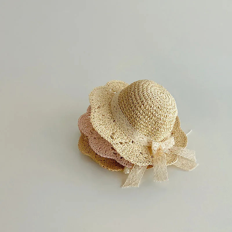 Lace Bow Girl Straw Hat Baby Summer Sun Hats Travel Beach Kids Large Brim Fisherman Cap 2-5Year Children Sunscreen Bucket Caps