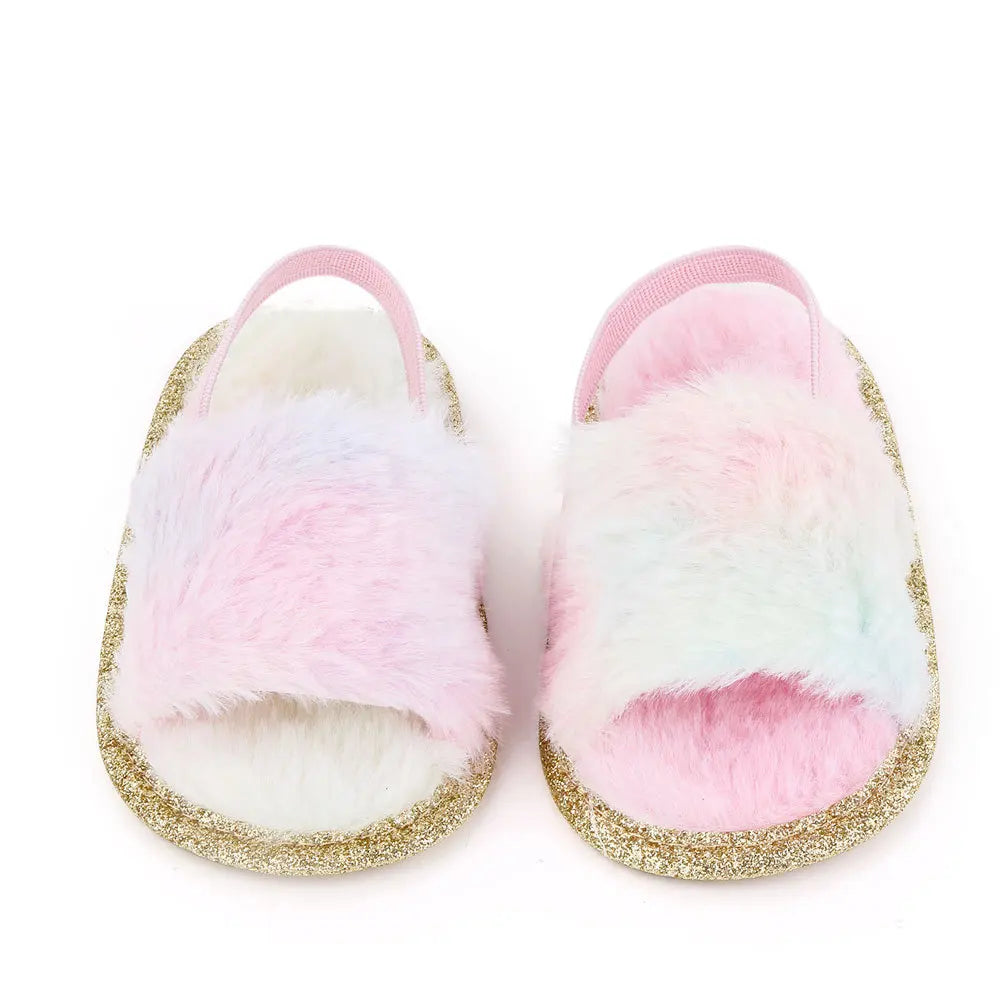 Spring Winter Fashion Multicolor Faux Fur Baby Girl Slipper Non-slip Newborn Cute Infant Toddler Crib Dress Shoes First Walkers