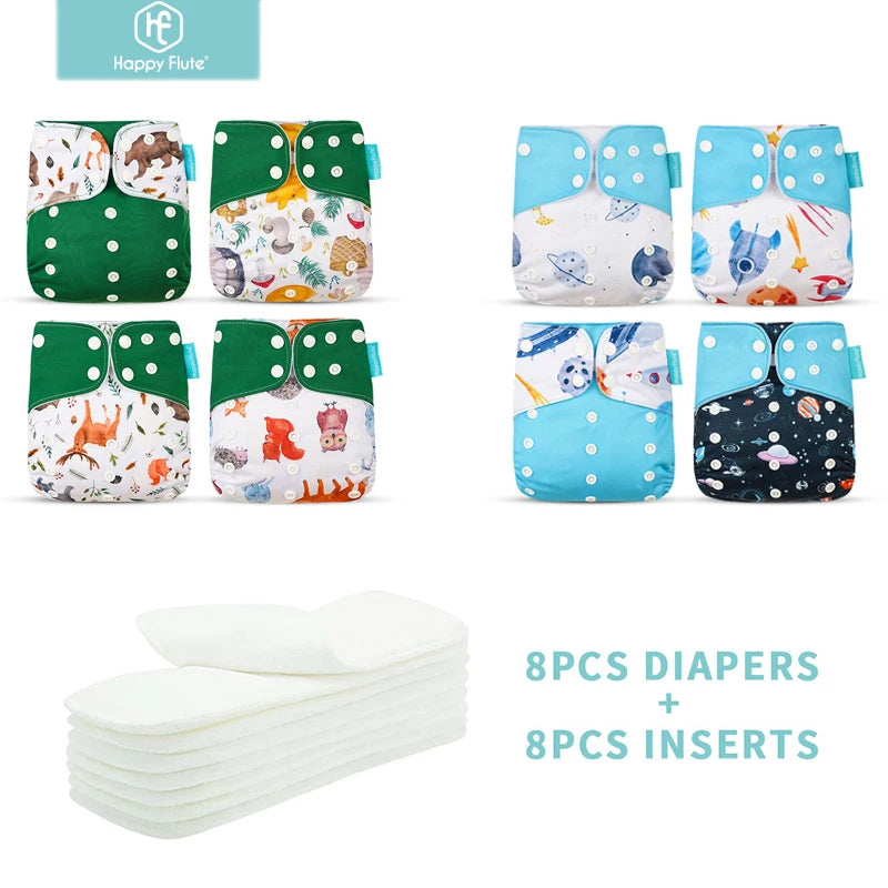 HappyFlute One Size Adjustable Cloth Diapers 8 Diapers and 8 Inserts Reusable Nappy for Babies