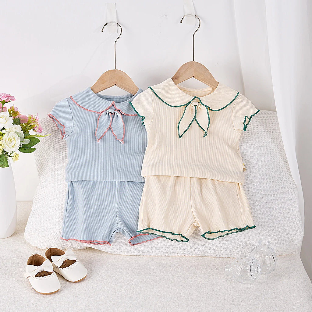 Summer Baby Girls 2-Piece Doll Neck Bow Short Sleeve Top + Shorts Casual Suit