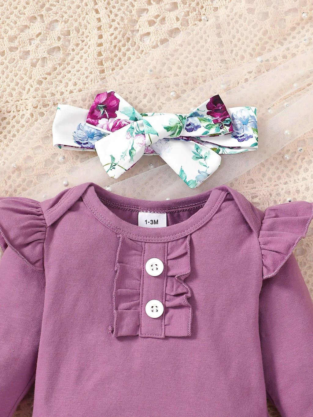 Newborn Girl Baby Set Purple Flared Sleeve Bodysuit + Flower Backband Pant for 0-24 Months Old Female Baby Spring & Autumn Set