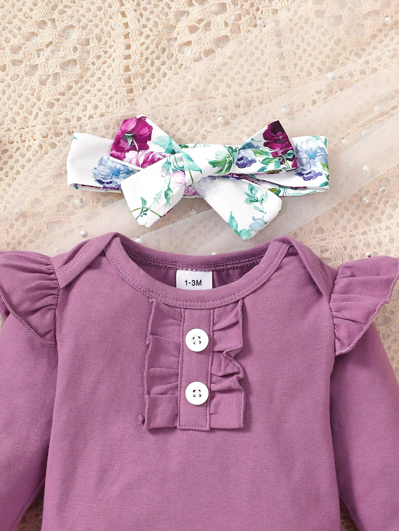 Newborn Girl Baby Set Purple Flared Sleeve Bodysuit + Flower Backband Pant for 0-24 Months Old Female Baby Spring & Autumn Set