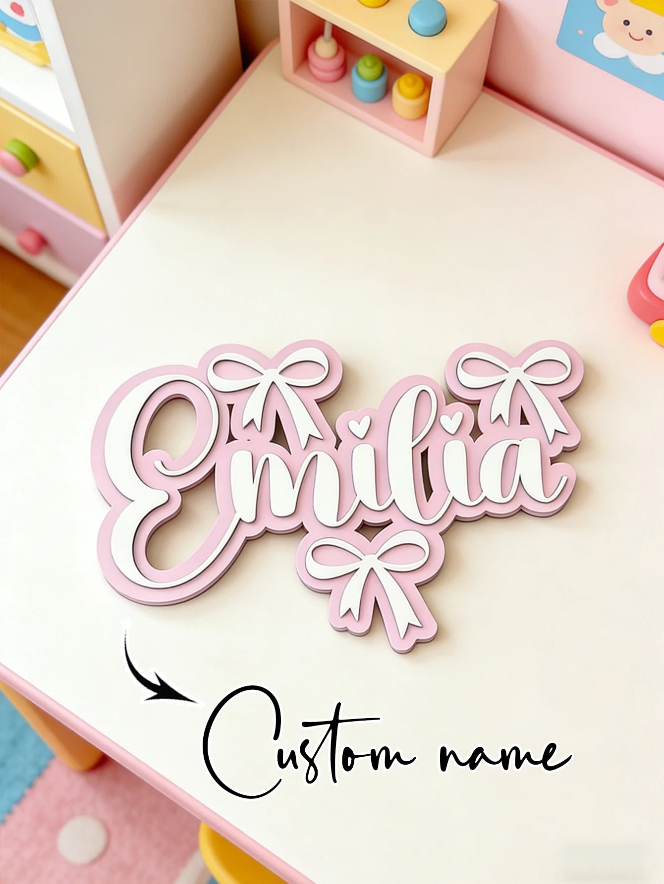 Personalized Wooden Name Sign for Girls – Pink Bow Heart Cursive Nursery Wall Decor