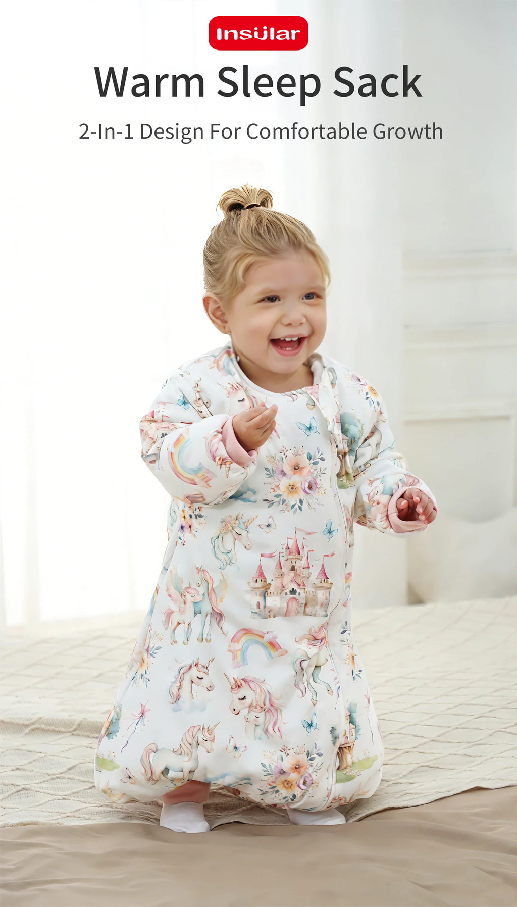 INSULAR Baby Cartoon Split-Leg Sleep Sack with Detachable Sleeves, 100% Cotton Thickened Winter & Autumn Toddler Sleeping Bag