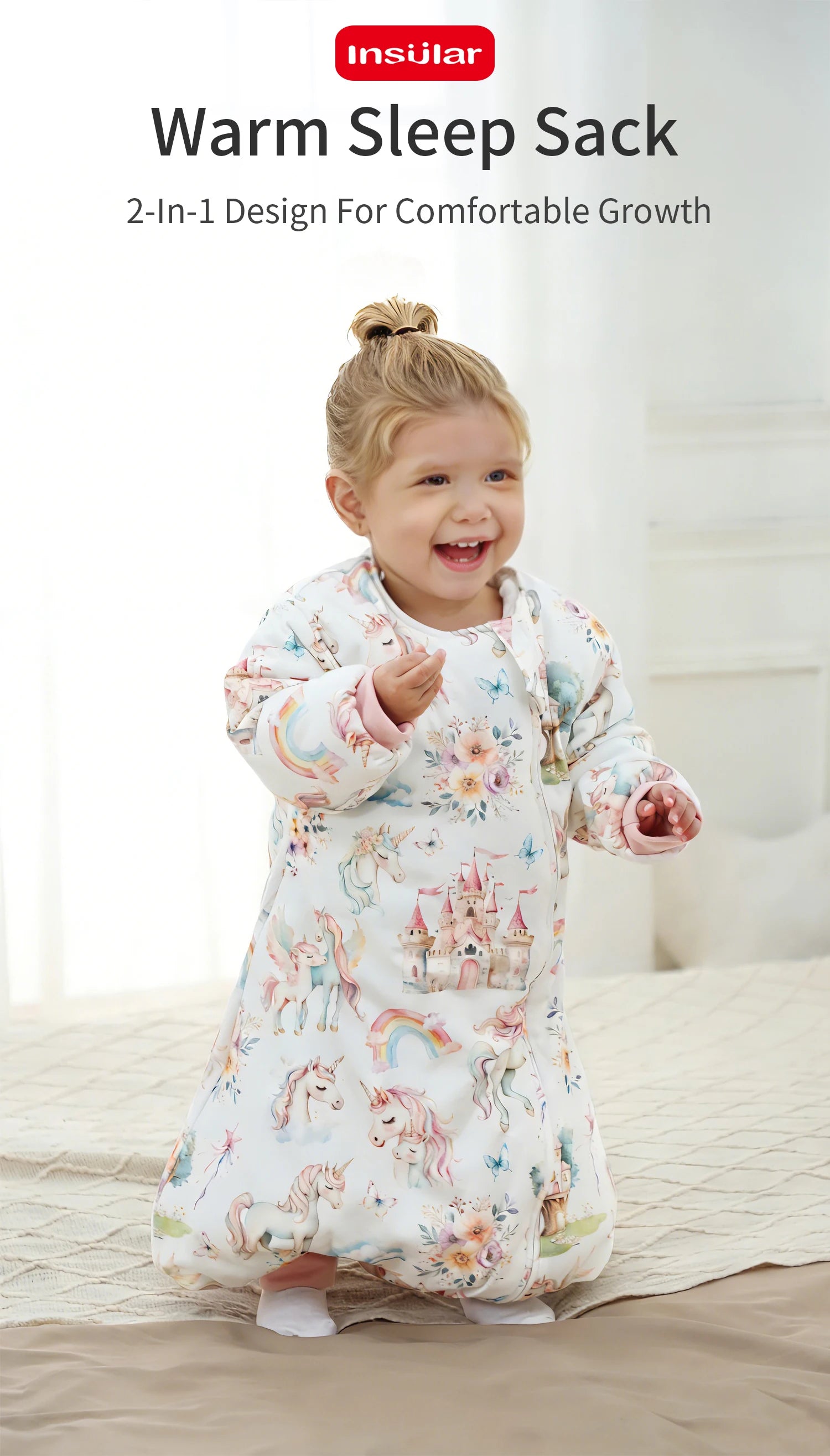 INSULAR Baby Cartoon Split-Leg Sleep Sack with Detachable Sleeves, 100% Cotton Thickened Winter & Autumn Toddler Sleeping Bag