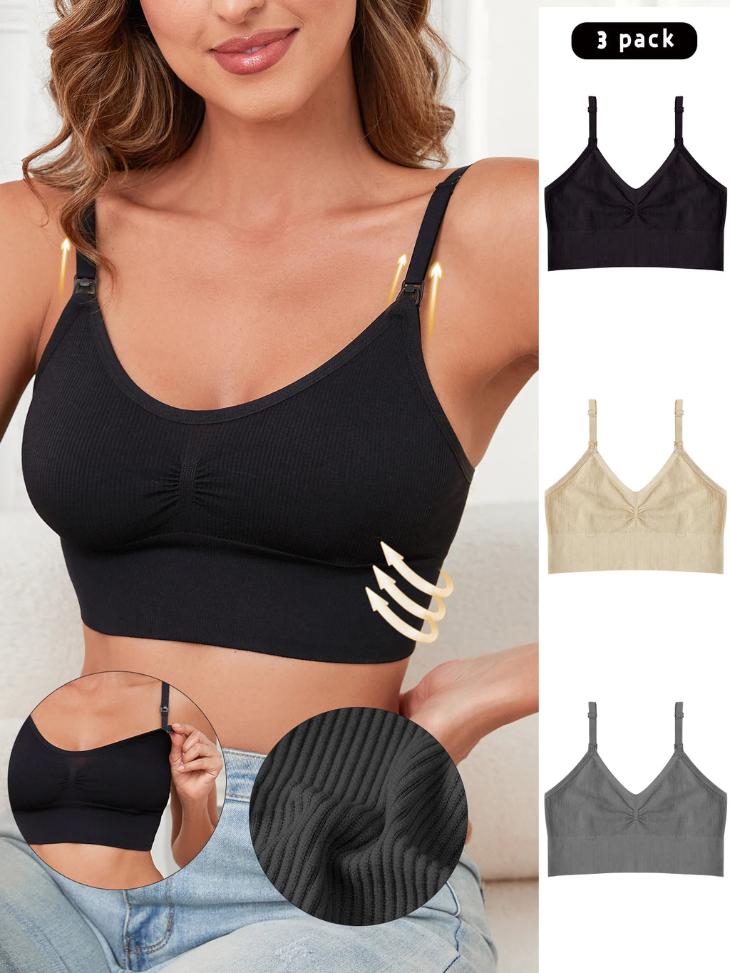 3 Pcs Breathable Front Opening Nursing Bra Seamless Maternity Bra Comfortable Detachable Sponge Mesh Nursing Bra