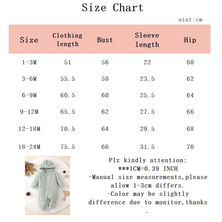 Newborn Baby Boy Autumn and winter Plush Jumpsuit Hooded Long sleeved Zipper Jumpsuit suitable for Male babies aged 0-18 Months