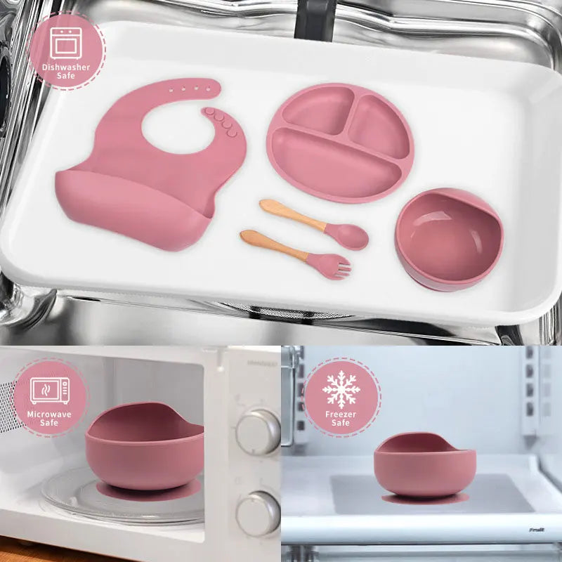 1/5Pc BPA Free Silicone Baby Feeding Set Sucker Bowl Dinning Plate Straw Cup Spoon Forks for Kids Baby Tableware Children Dishes