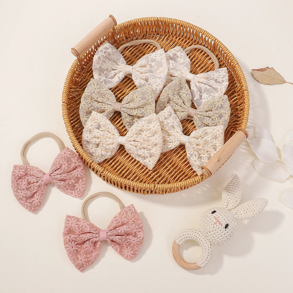 4Pcs 4.5 Inch Big Bows Hair Nylon Band for Baby Rural Style Daisy Embroidery Butterfly Bow Headband Sweet Headdress