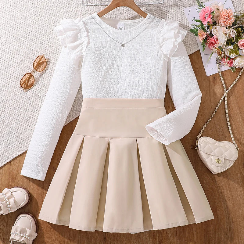 Kids Fashion Clothes Sets For Girls White Long-Sleeved Top And Beige Skirt Elegant Vacation Holiday Party Dress Graduation Suit