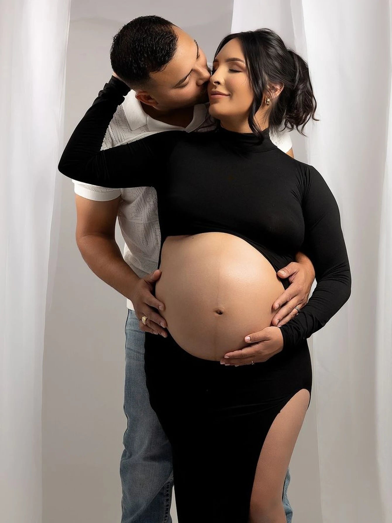 Maternity Photography Dresses Long Sleeve Mock Neck Side Split Showing Belly Pregnant Sexy Gown For Photoshoot Baby Shower