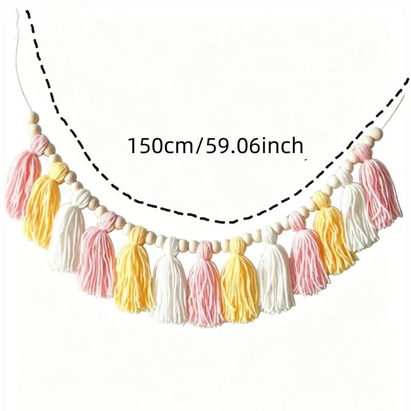 Bohemian Pink and Yellow Tassel Banner for Decoration, Handmade Tassel Garden, Home Children's Room Decoration, Fireplace Banner - Baby World SA