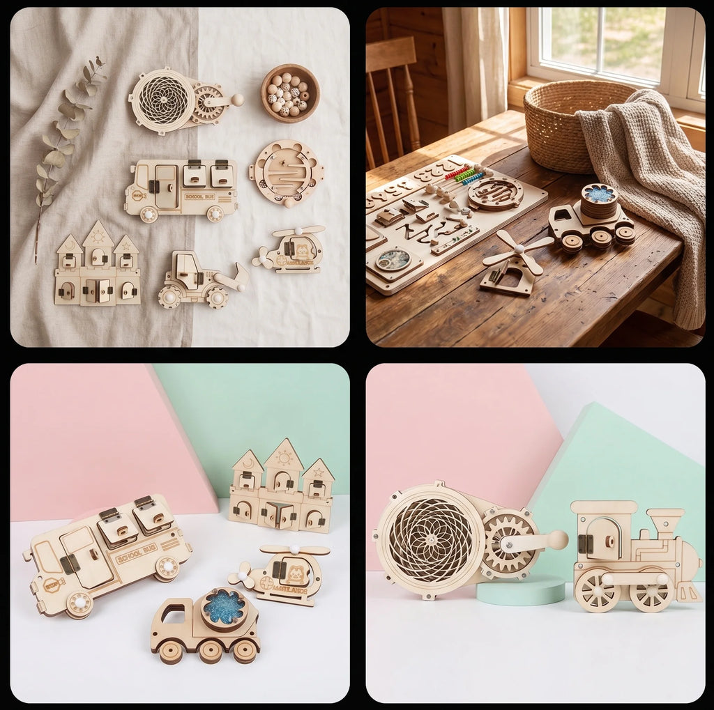Montessori Busy Board Toddlers Wooden Sensory Activity  LED Switch Gears Maze Lacing  Fine Motor Skills Learning Set for Kids