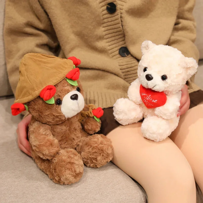 Wholesale Creative 16/25CM Bear Plush Toy Red Heart Romantic Rose Doll Soft Handmade Holding Flowers Bear Doll Home Decoration
