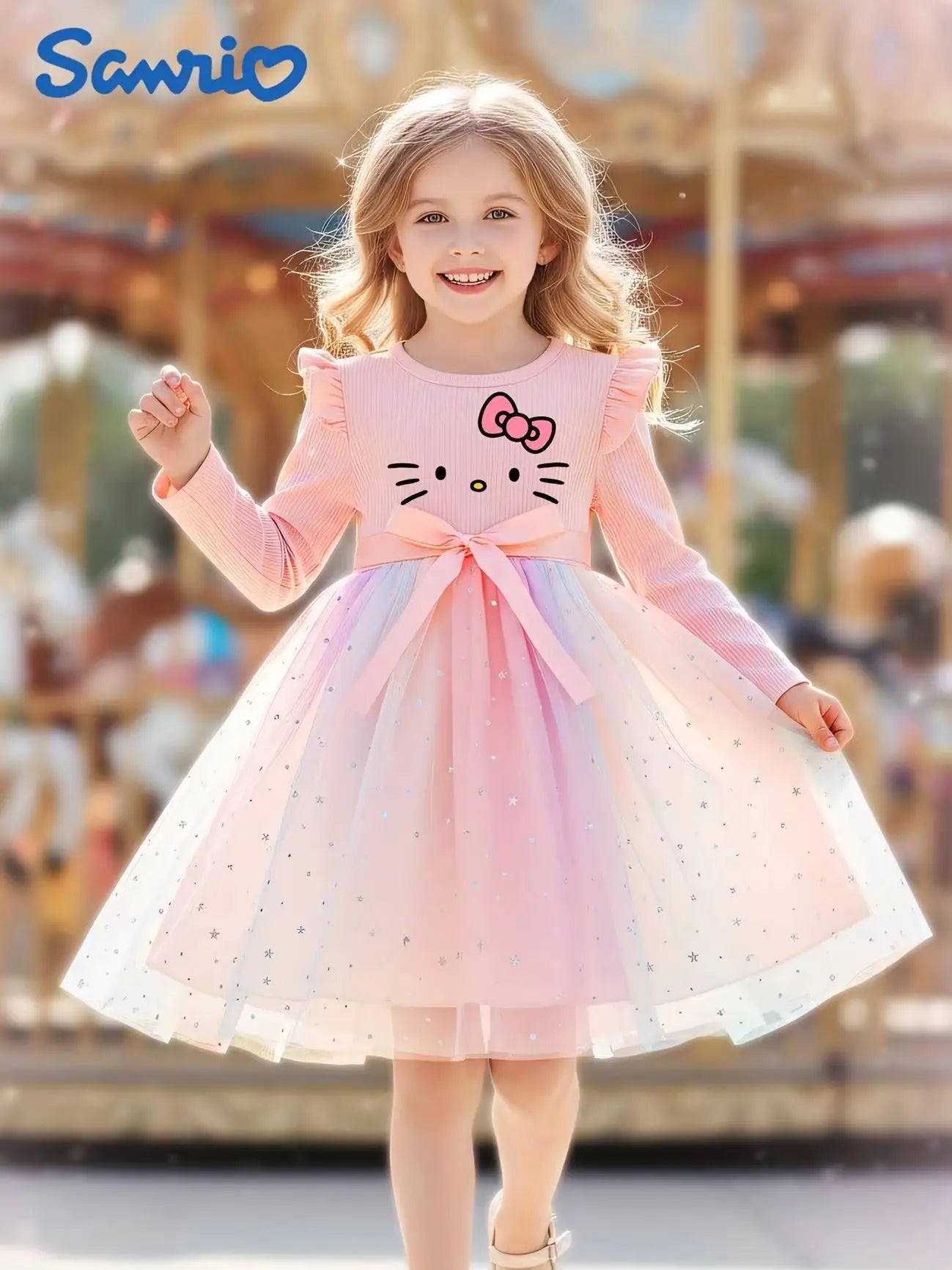Sanrio Hello Kitty Girls Princess Dress, Autumn Pink Gradient Tulle Tutu Skirt, Kids Long-Sleeve Star Formal Dress