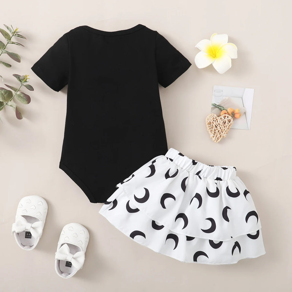 2pcs Baby girl Summer set Round Neck Moon Print Bodysuit+Cake skirt Set suitable for 0-18 Months Newborns set Baby clothing