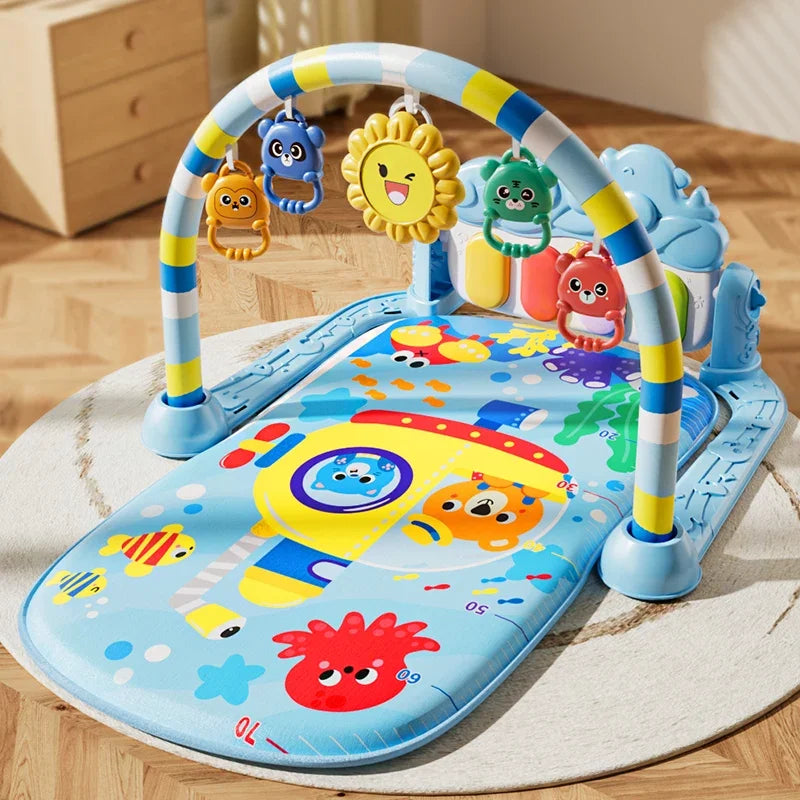 Baby Activity Play Mat with Music & Lights, 5 Detachable Sensory Toys Kick Piano Mat, Tummy Time Game Playmat
