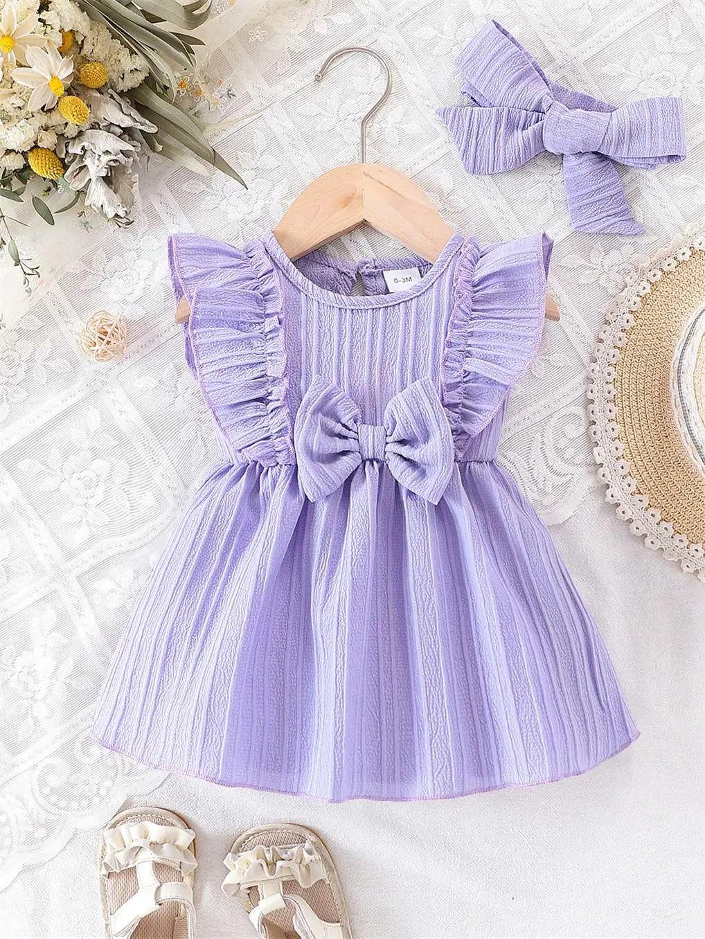 0-24 Months Cute Baby Girl Summer Dress Purple Ruffle Bow Princess Skirt+Headband 2Pcs Baby Clothing