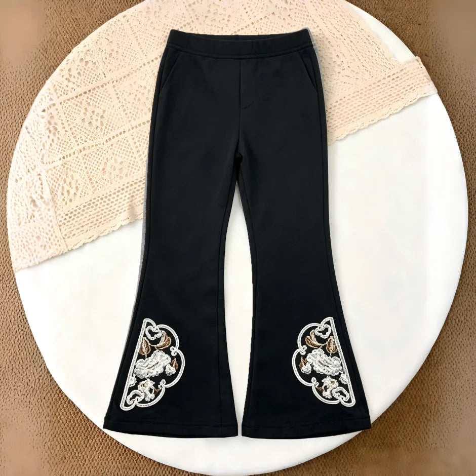 Girls' Bell bottom Pants Solid color Elastic Waist Embroidered Bell Bottom Pants 1-8 Years Girls' Fashionable Versatile Pants