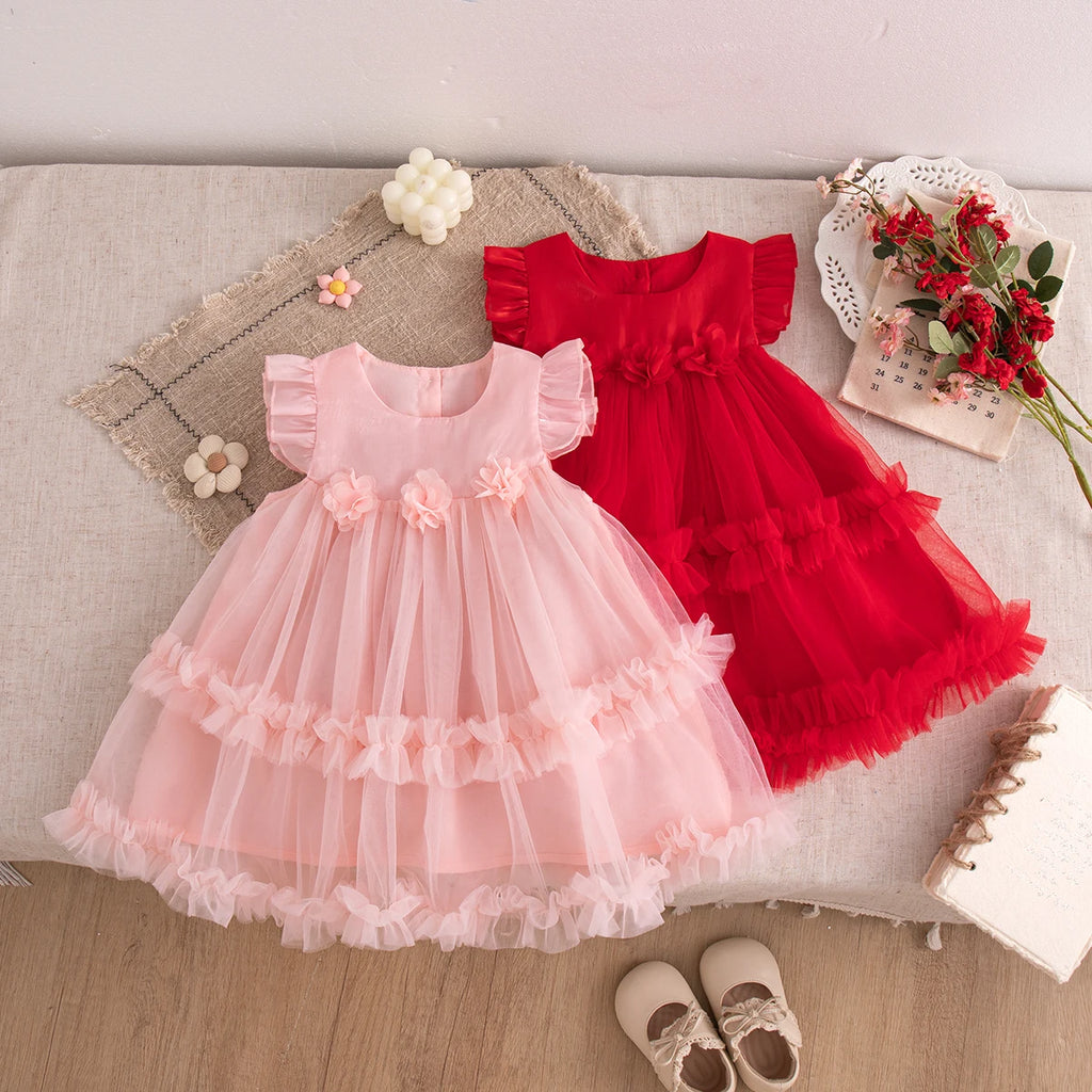 Korean Style Sweet Solid Color Baby Girl Dress Summer Fashion Flower Birthday Party Gift or Wedding Princess Fairy Toddler Dress