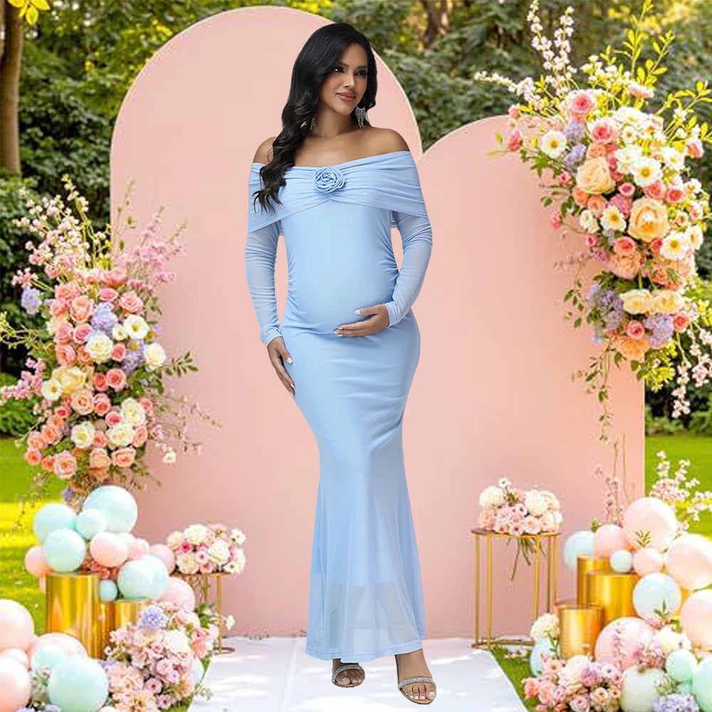 Maternity 3D Floral Off Shoulder Long Sleeve Mesh Long Dress Elegant Fitted Gown for Baby Shower Photoshoot