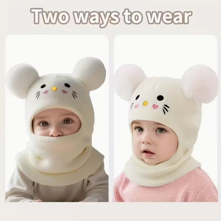 0-3Y Kids Balaclava Toddler Beanie Double Balls Baby Cat Stretchy New Born Girls Boys Beanies Winter Hats for Cold Weather Gear