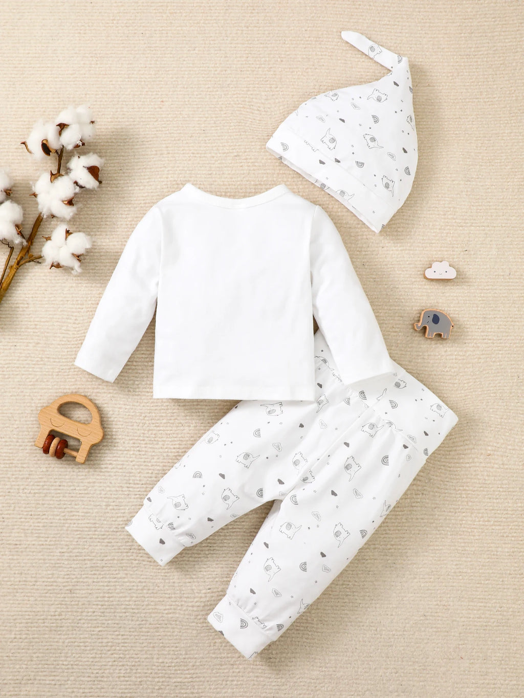 Newborn Baby Set Round Neck Long Sleeved Top+Elephant Print Pants+Hat 3PC Suitable for Autumn Set for Babies Aged 0-9 Months