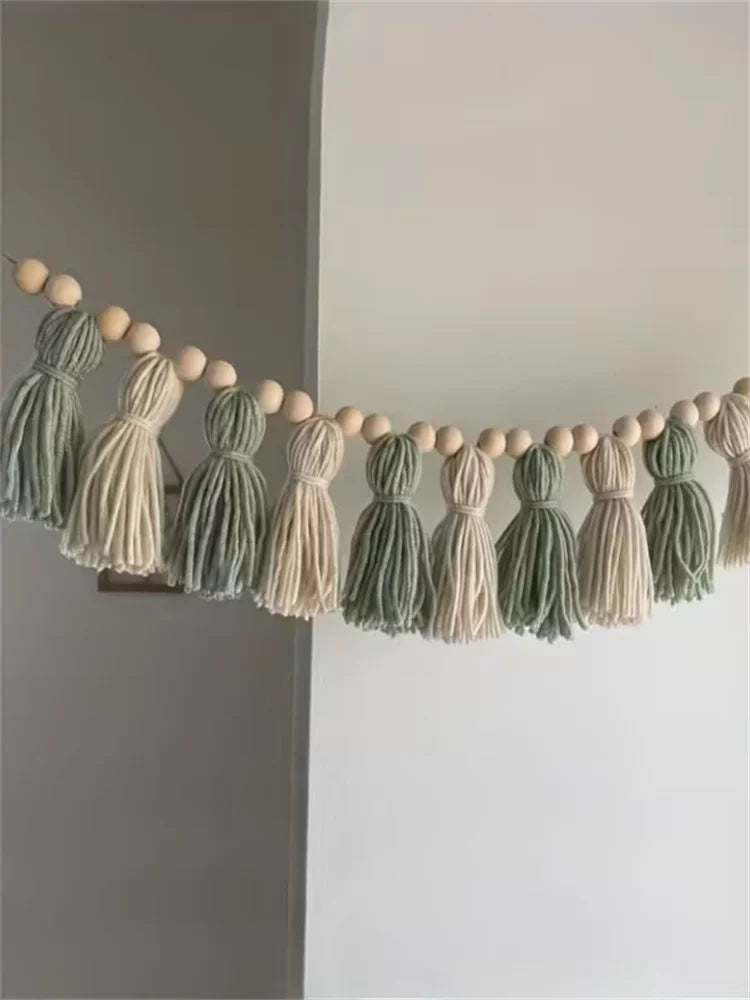 Ins Bohemian Green and White Wooden Bead Tassel Garland Sage Series Wooden Bead Tassel Banner Fireplace Decoration Home Wall Hanging Decoration Sage