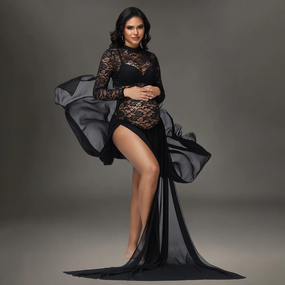 Maternity Long Sleeves Lace Dress See-Through Bodysuit and Maxi Chiffon Skirt 2Pc Outfit for Photoshoot Baby Shower
