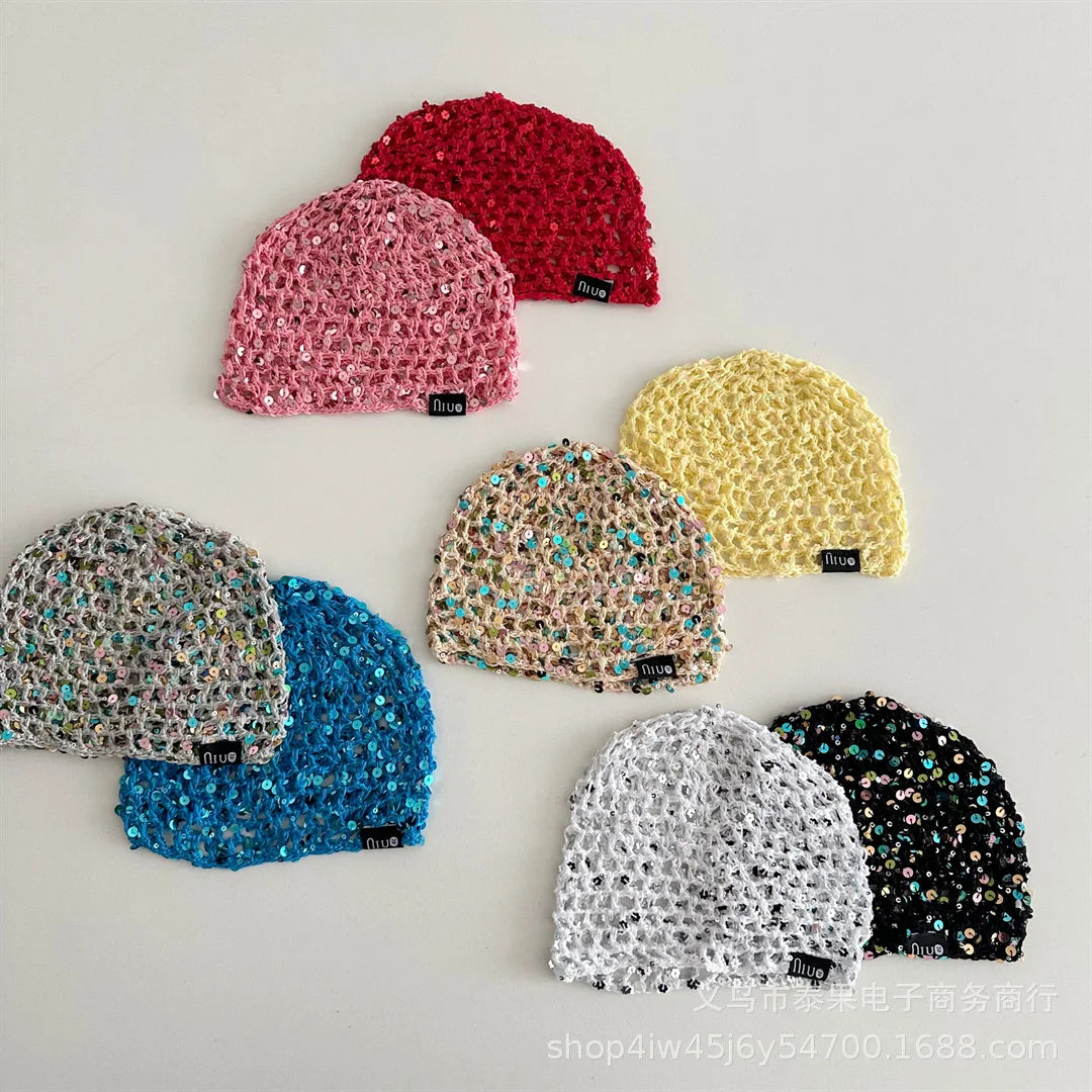 Early Autumn New Ethnic Style Sequin Hollow Knitted Pullover Hat for Girls Fashionable Stylish Fishnet Headwrap Hat