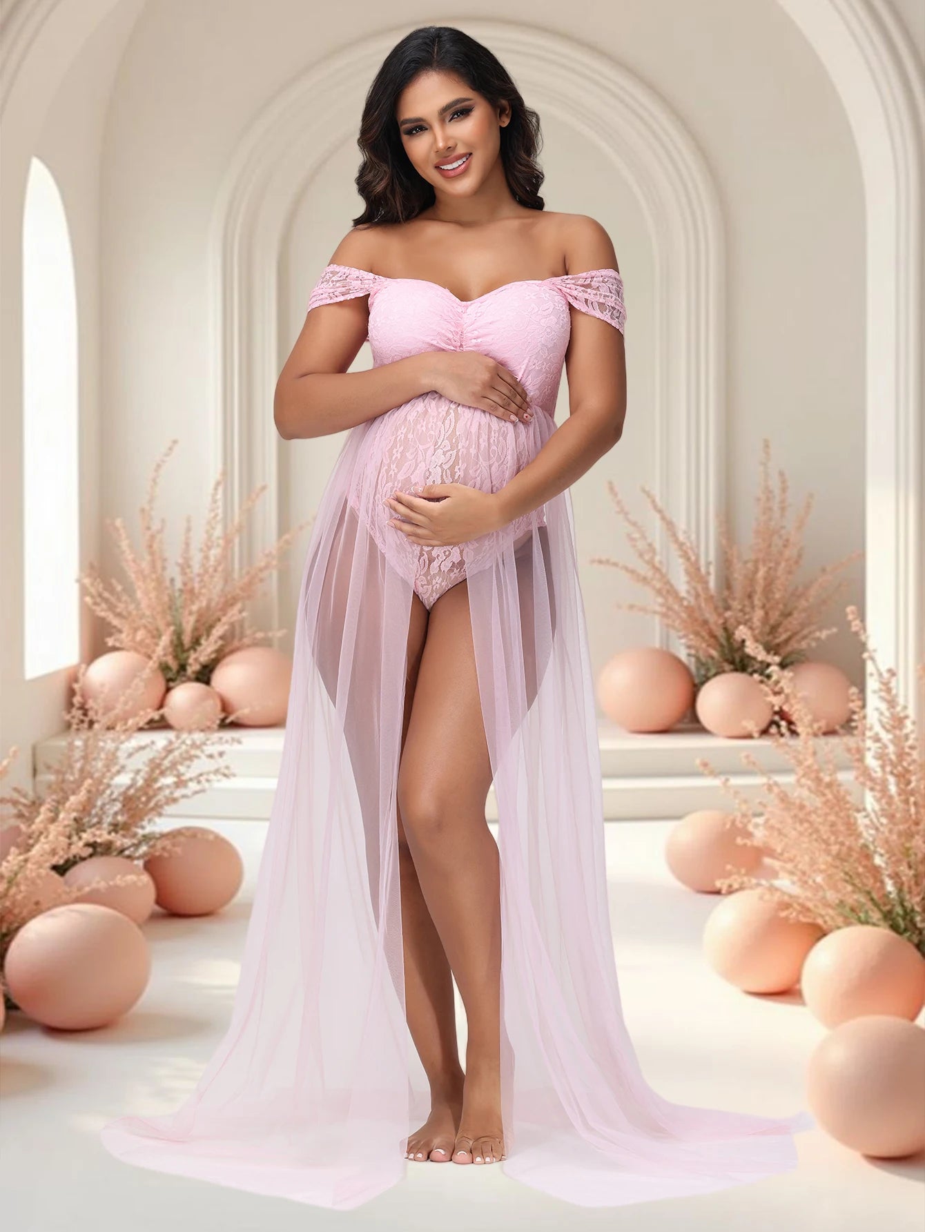 Maternity Lace Off-Shoulder Summer Bodysuit for Photoshoot with Tulle Long Sides Slit Tail Women