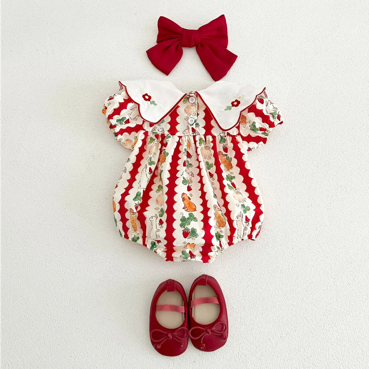 insBaby Girl Rabbit Cartoon Print Embroidered Collar Romper Infant Toddler Sweet Summer Short Sleeve Jumpsuit