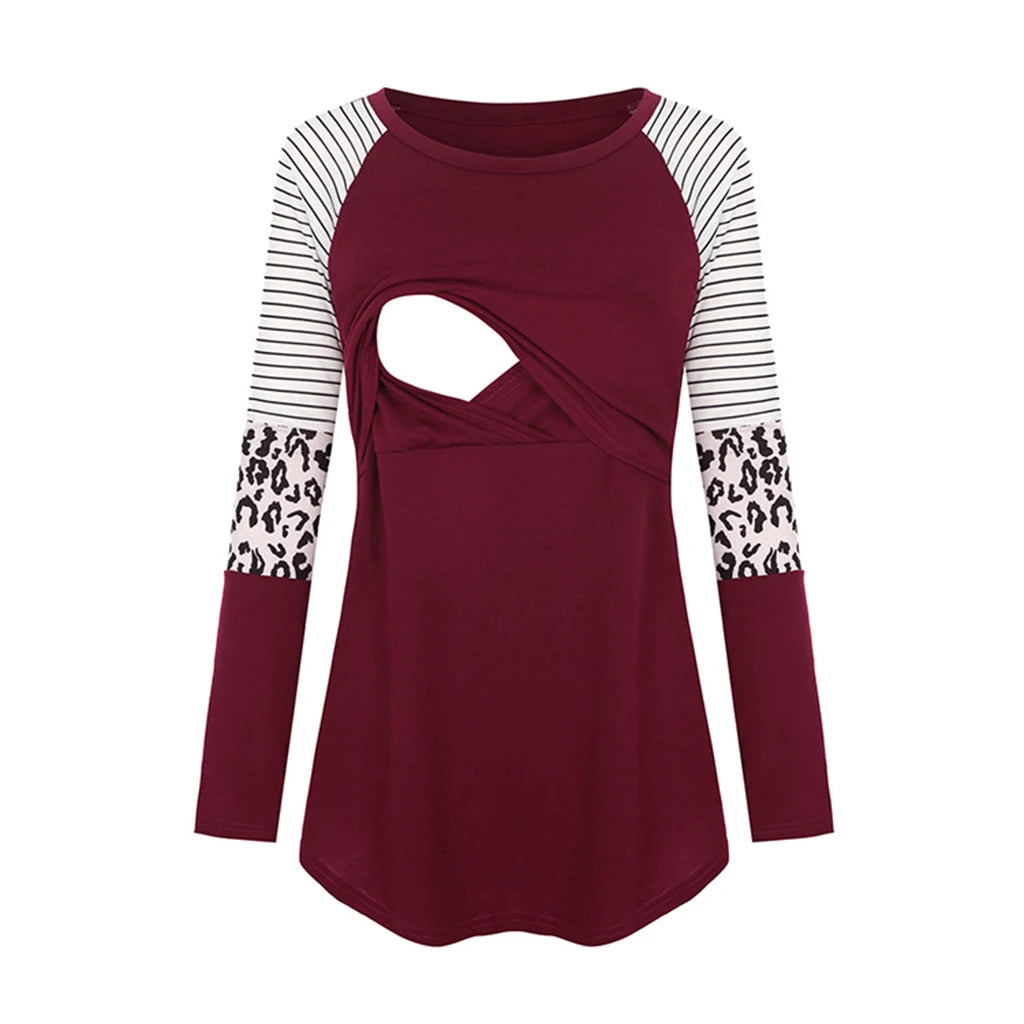 Women Maternity Long Sleeve Nursing Patchwork Color Tops Breastfeeding Blouse