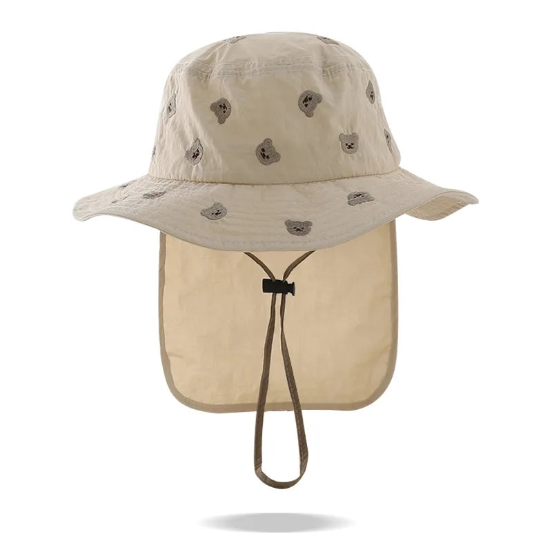 Summer Baby Sun Hat Quick-dry Beach Children Panama Cap for Girls Boys Embroidery Cartoon Kids Bucket Hats Neck Protection 1-4Y