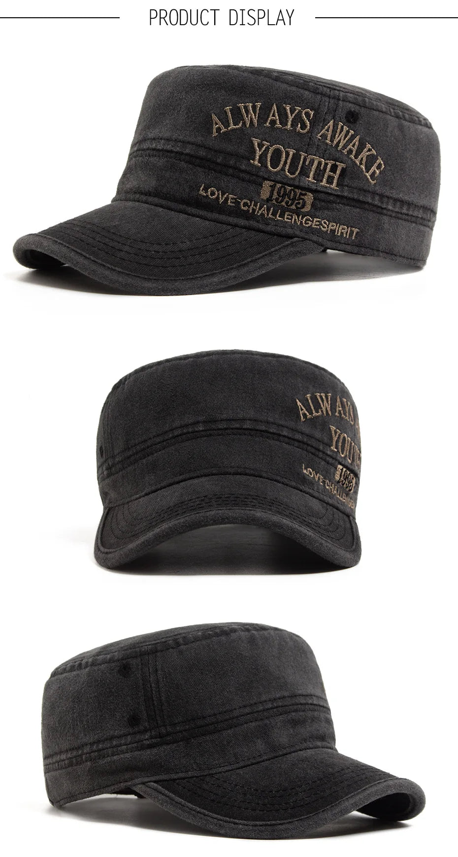 Washed Embroidered Letter Military Cap Vintage American Style Men's Flat Top Hat Sunshade Outdoor Casual Hat for Women Summer