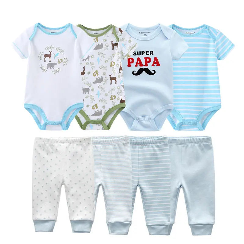 8-Piece Cartoon Baby Bodysuits and Pants Cotton Newborn Unisex Short Sleeve Onesies Trousers 0-12 Months