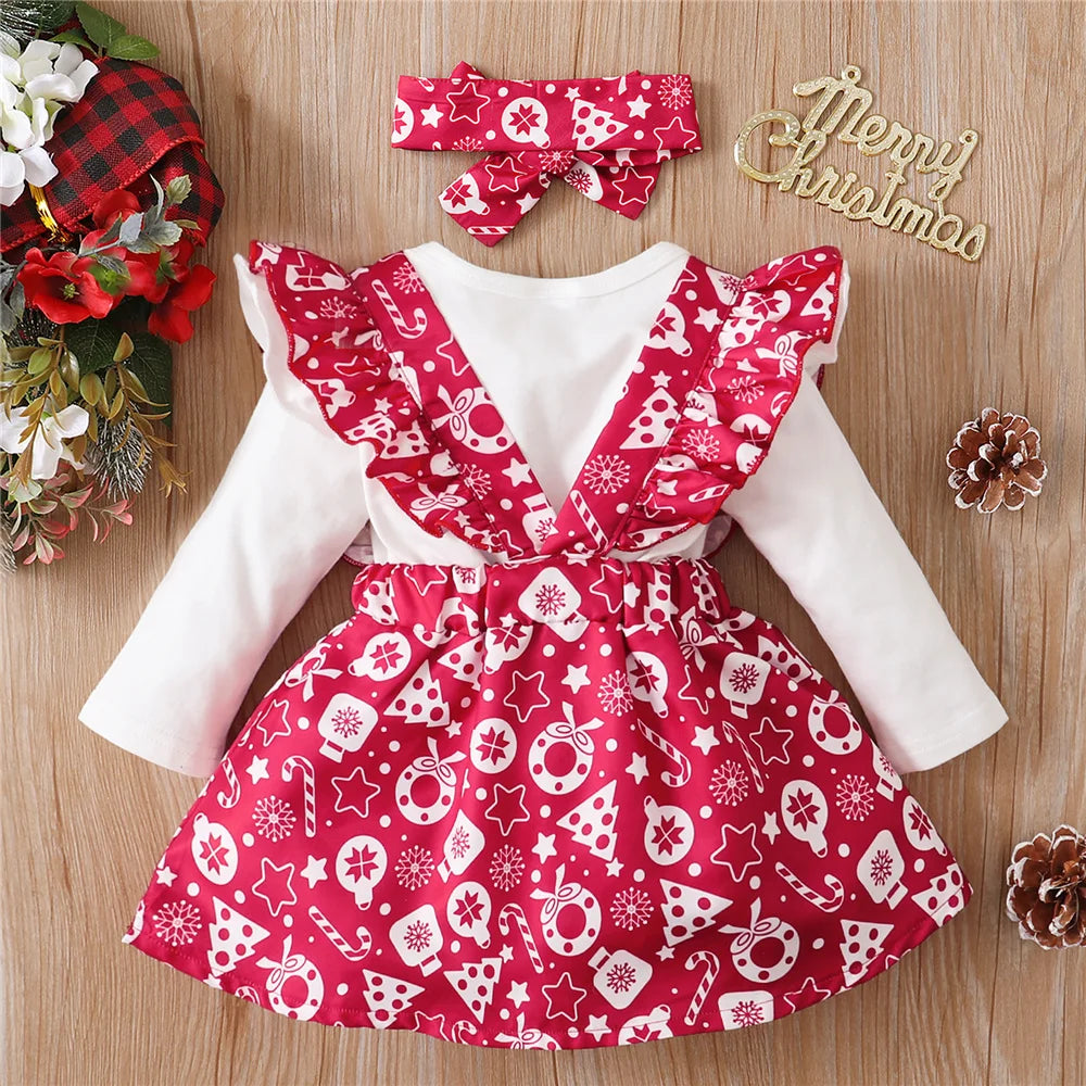 Newborn Baby Girl Christmas Set Reindeer Long sleeved Top Ruffled Shoulder Strap Skirt+Headband 3pcs 0-18 Months Baby Autumn Set