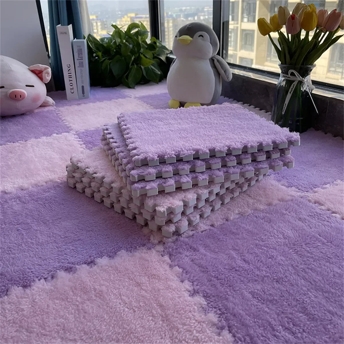 Soft Plush Kids Rug Play Mat 30x30cm Interlocking Puzzle Tiles for Floor Cushion
