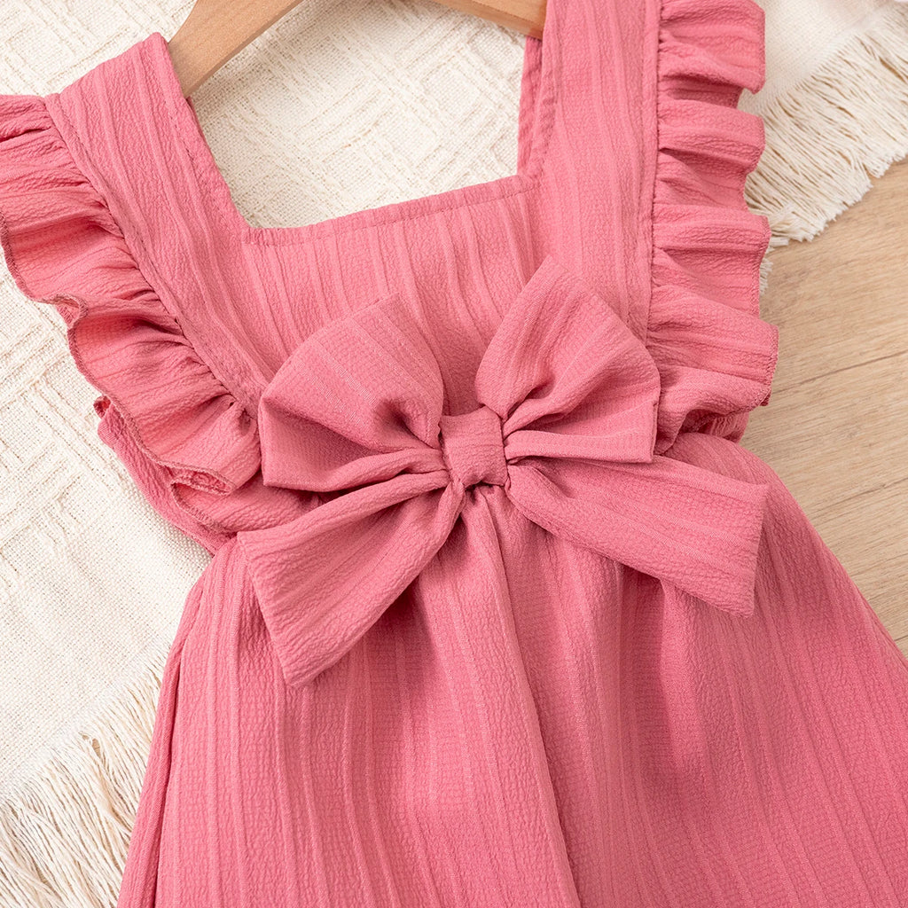 Girls' summer pure-color versatile jumpsuit, ruffle bowknot jumpsuit, princess style jumpsuit, suitable for little girls