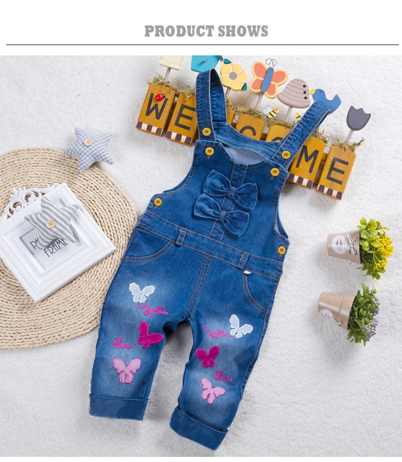 IENENS Baby Girls Overalls Kids Trousers Denim Dungarees Embroidery Butterfly Pants Toddler Infant  Jumpsuit 0-4 Years Clothes